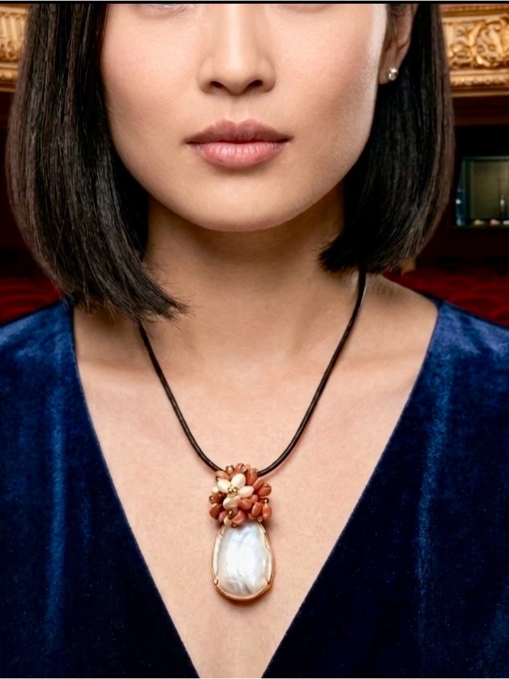 Chan Luu White Pearl Pendant with Coral Cluster on Black Cord